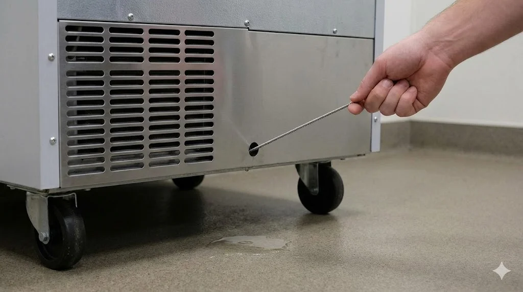 냉장고 배수 구멍을 뚫어 물 고임을 해결하는 작업