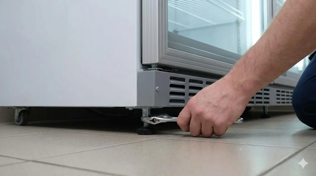 쇼케이스냉장고수리 소음 차단을 위한 하단 수평 조절 작업