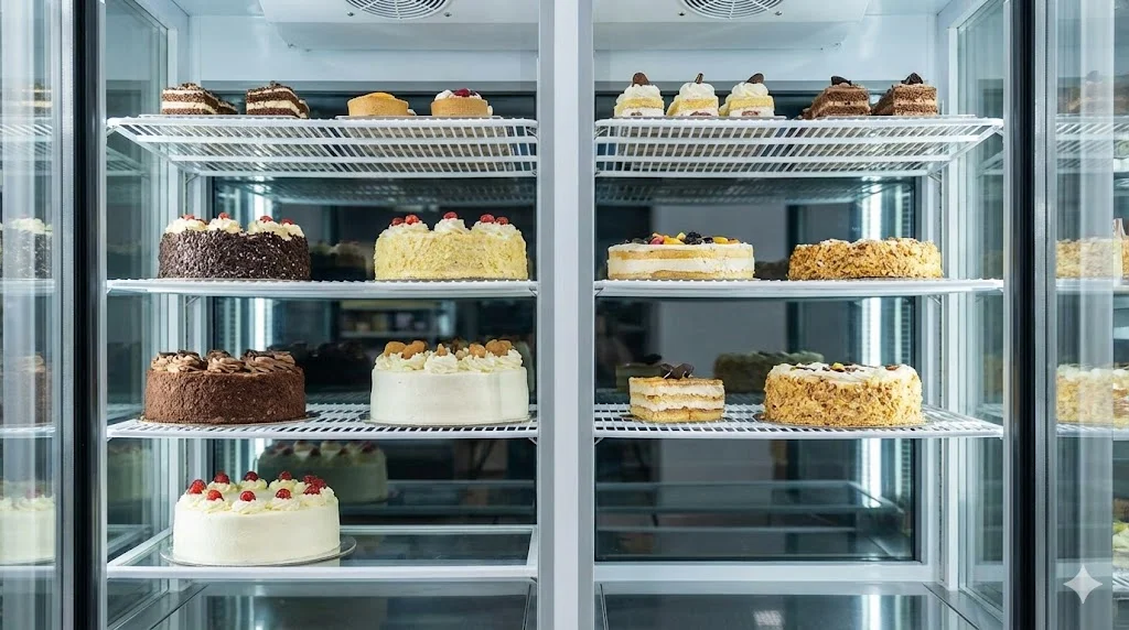 수명을 늘리기 위해 식재료를 여유 있게 배치한 쇼케이스 내부 전경