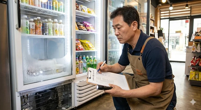 쇼케이스냉장고수리 전 장비 상태를 세심하게 살피는 사장님