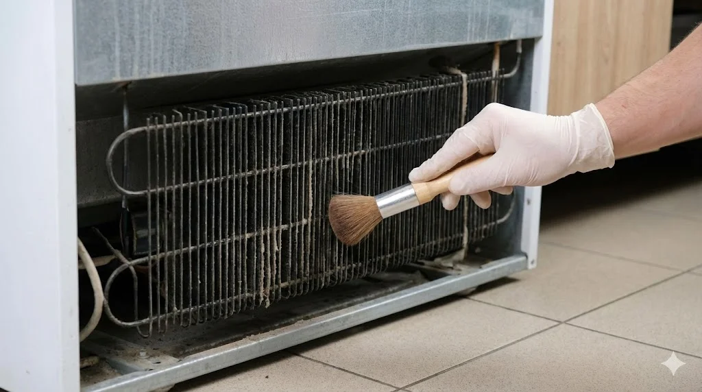 쇼케이스냉장고수리 냉각 불량 해결을 위한 응축기 먼지 청소 모습
