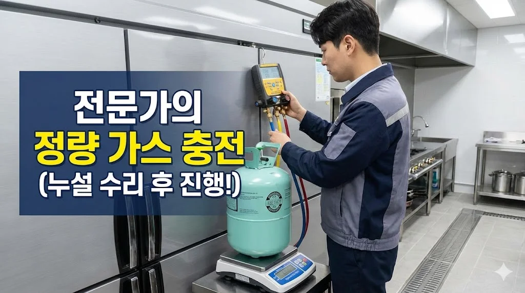 전문가용 게이지를 연결하여 정량의 업소용냉장고가스충전 작업