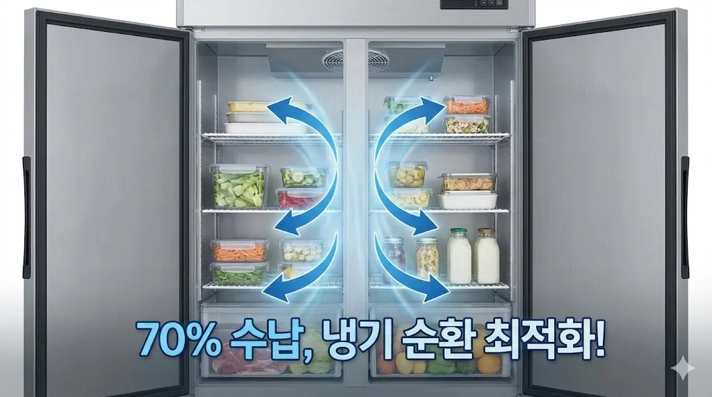 냉기 순환을 위해 내부를 70% 정도 여유 있게 채운 수납 형태