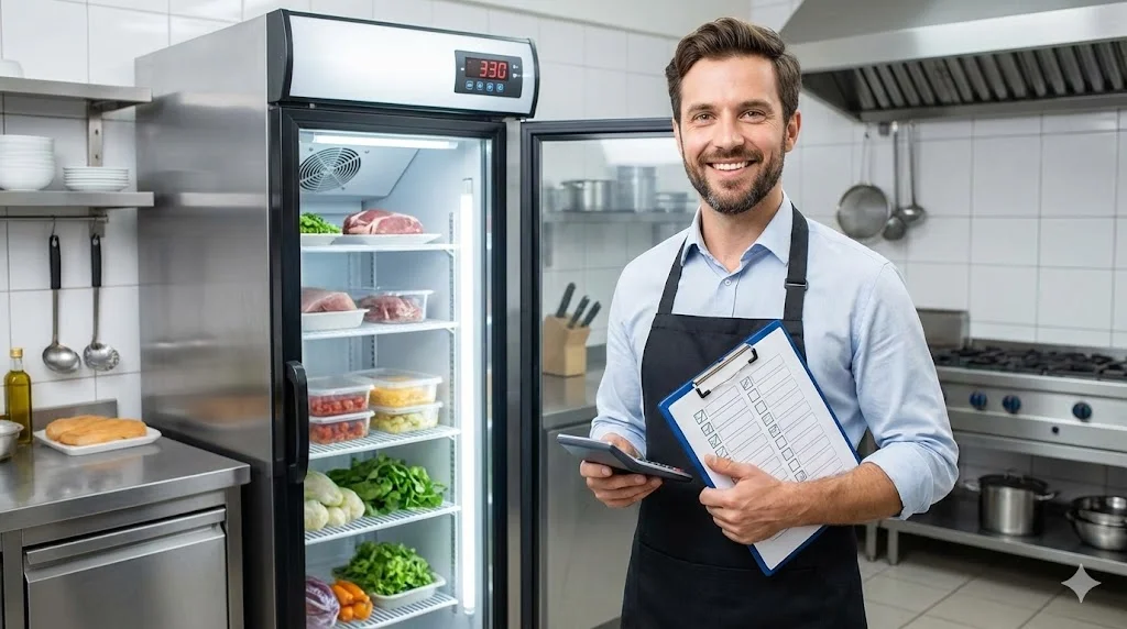 완벽하게 관리된 냉장고 옆에서 활짝 웃으며 인사하는 사장님