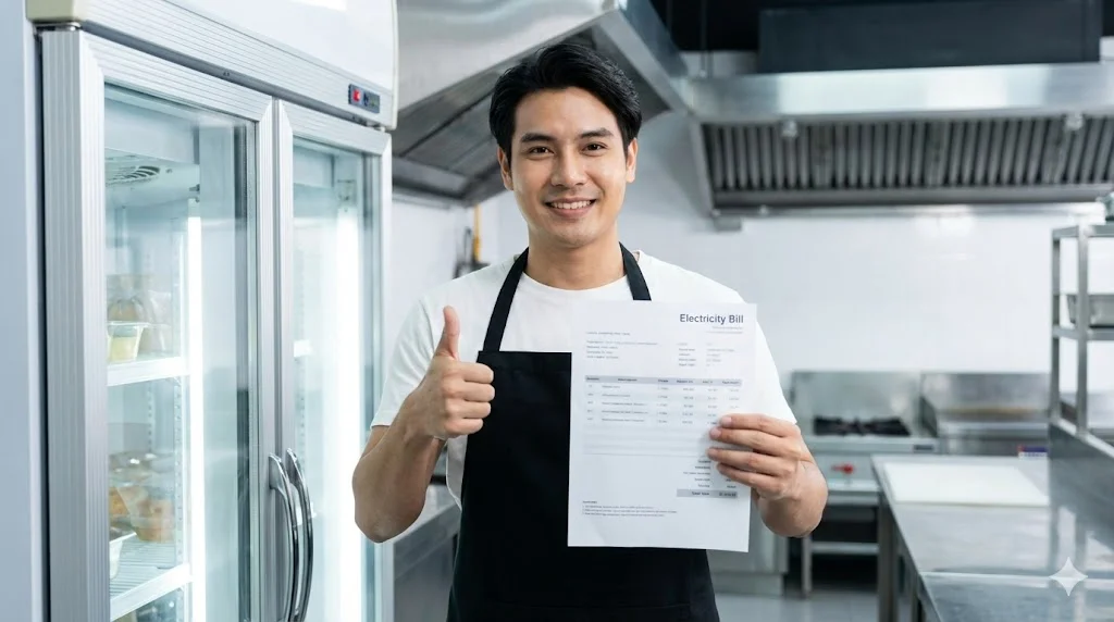 전기세 절감에 성공하여 만족스러운 미소를 짓고 있는 식당 사장님