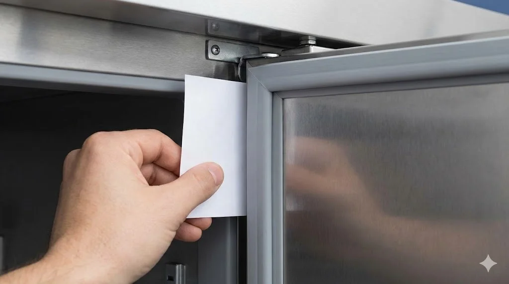 가스켓 틈새로 냉기가 새는지 종이 한 장으로 테스트하는 업소용냉장고전기세 점검 모습