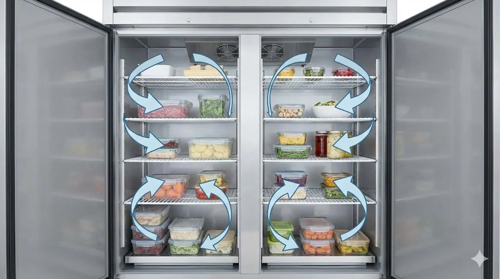 냉기 순환을 위해 냉장고 내부를 70% 정도 여유 있게 수납한 이미지