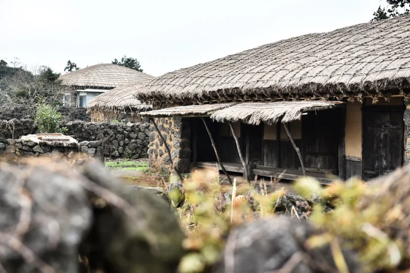 Traditional thatched-roof houses at Seongeup Folk Village in Jeju Island, South Korea, showcasing historic architecture and cultural heritage for family-friendly travel experiences.