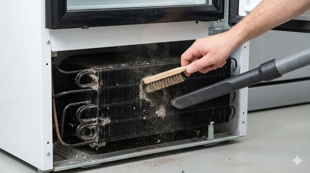 업소용냉장고전기세 절감을 위해 응축기 먼지를 솔로 닦아내는 장면