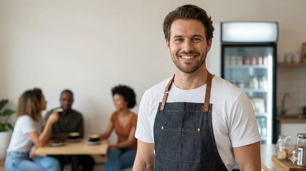 조용한 매장에서 여유롭게 대화를 나누는 손님들과 만족해하는 사장님