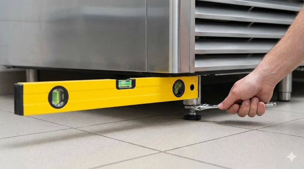 냉장고 소음 원인을 파악하기 위해 수평을 점검하는 사장님의 모습