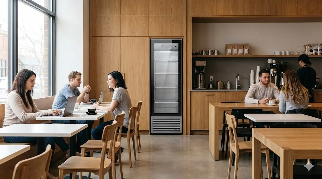 조용한 분위기의 카페 인테리어와 자연스럽게 어우러진 저소음냉장고 전경