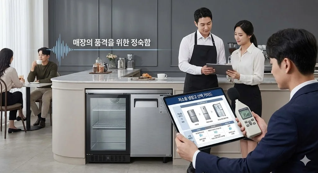 카페 빌트인 냉장고 소음을 측정(35dB)하며 저소음 선택 가이드를 확인하는 장면입니다.