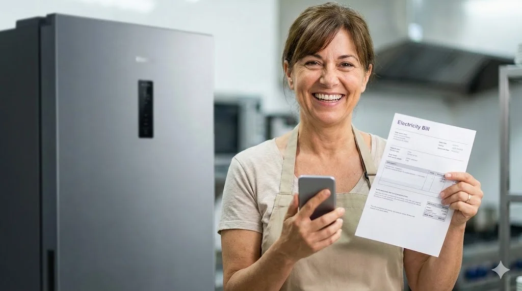 에너지효율1등급냉장고 교체 후 전기세 절감에 만족하며 웃음 짓는 식당 사장님