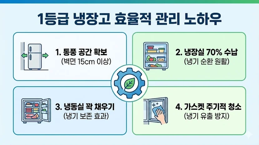 통풍 공간 확보(벽면 15cm 이상), 냉장실 70% 수납, 냉동실 꽉 채우기, 가스켓 주기적 청소 등 4가지 실천 노하우를 아이콘과 함께 설명하고 있습니다.