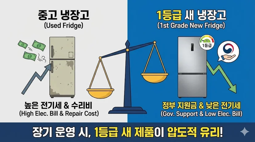중고 제품의 높은 수리비 대비 1등급 새 제품의 정부 지원금과 낮은 전기료 혜택을 저울 그래픽으로 보여주며 '압도적 유리'함을 강조