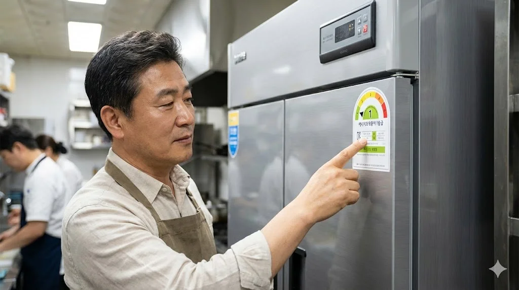 매장 주방에서 에너지효율1등급냉장고를 꼼꼼히 살펴보며 구매를 고민하는 사장님