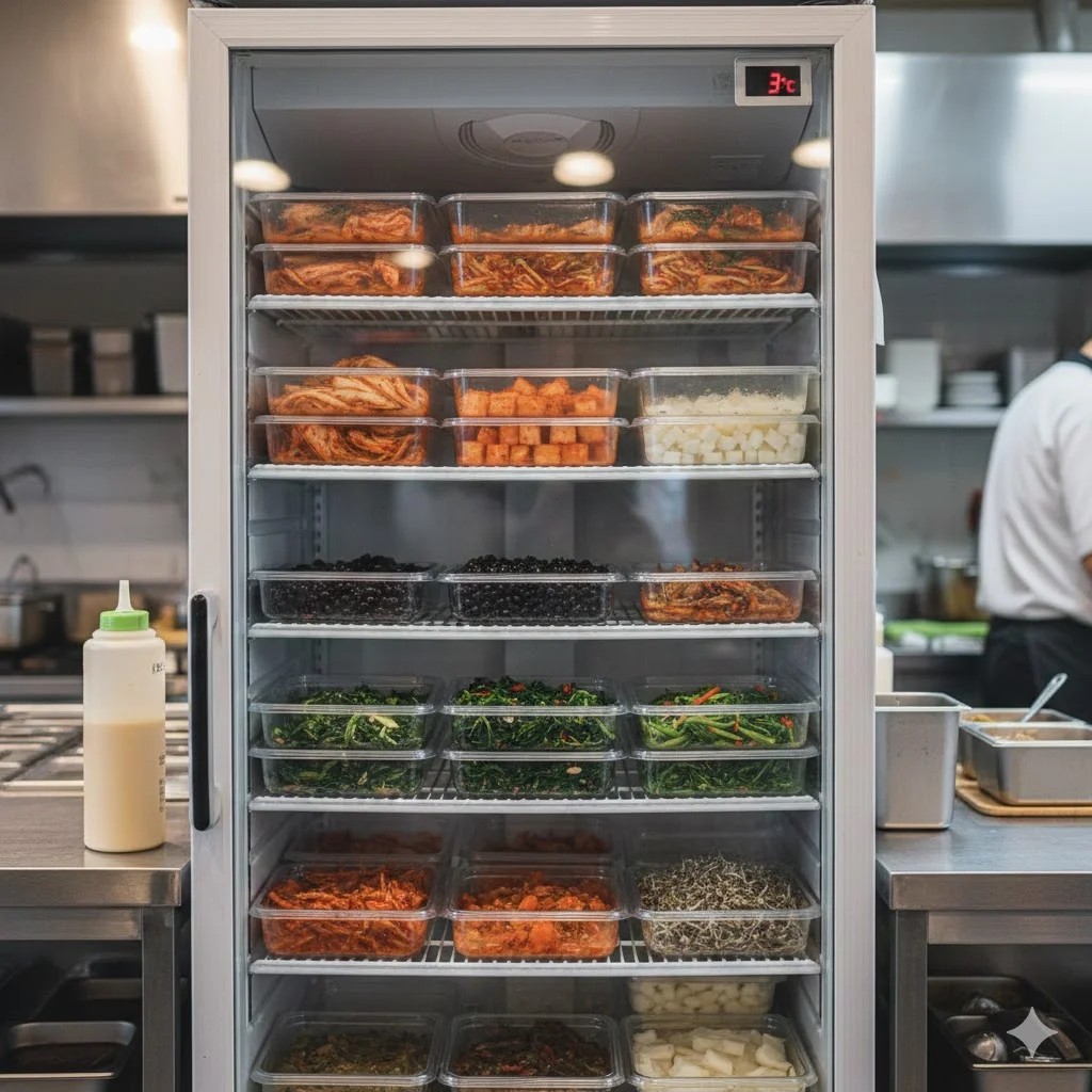 반찬쇼케이스중고 유리 전면이 투명하게 유지되어 반찬이 선명하게 보이는 냉장고 사진