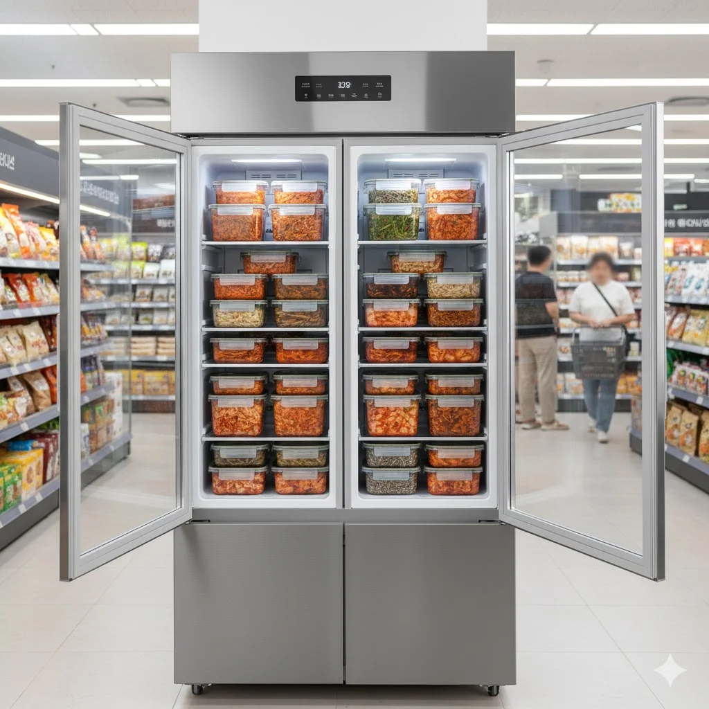 반찬쇼케이스중고 냉장고 문 패킹과 유리 프레임 마감 상태가 보이도록 가까이 촬영한 사진