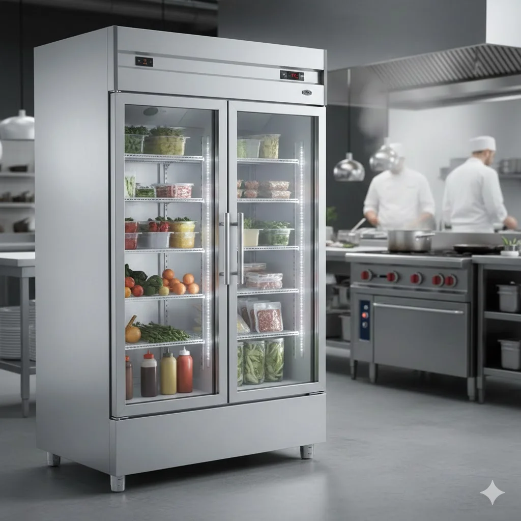 고성능 업소용 쇼케이스 냉장고와 중저가형 제품의 차이를 암시하는 전문적인 주방 가전 이미지