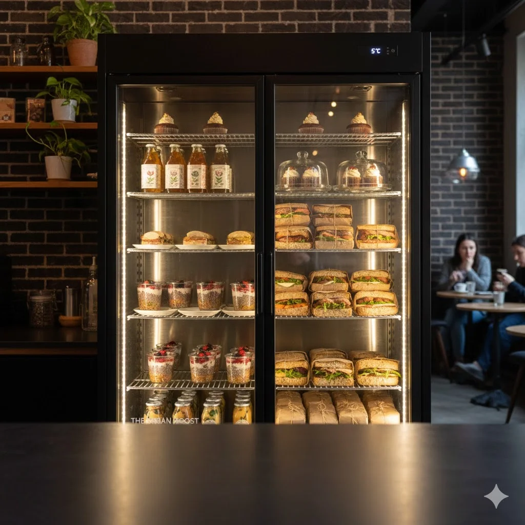음료와 간편식이 진열된 업소용 대형 스윙도어 쇼케이스 냉장고 전경