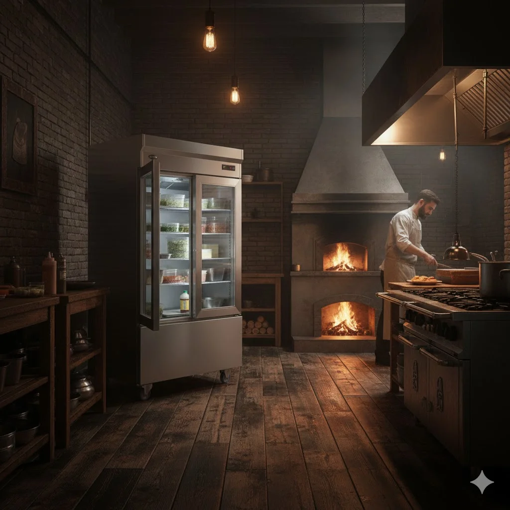 조리 중인 셰프와 함께 배치된 전문가용 주방 냉동고, 다도어 냉장고 브랜드 비교 이미지