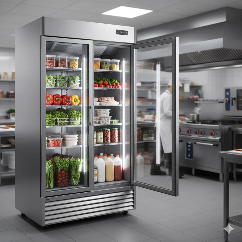 사선 각도로 배치되어 동선을 최적화한 현대적인 디자인의 업소용 주방 냉장고와 스텐 작업대