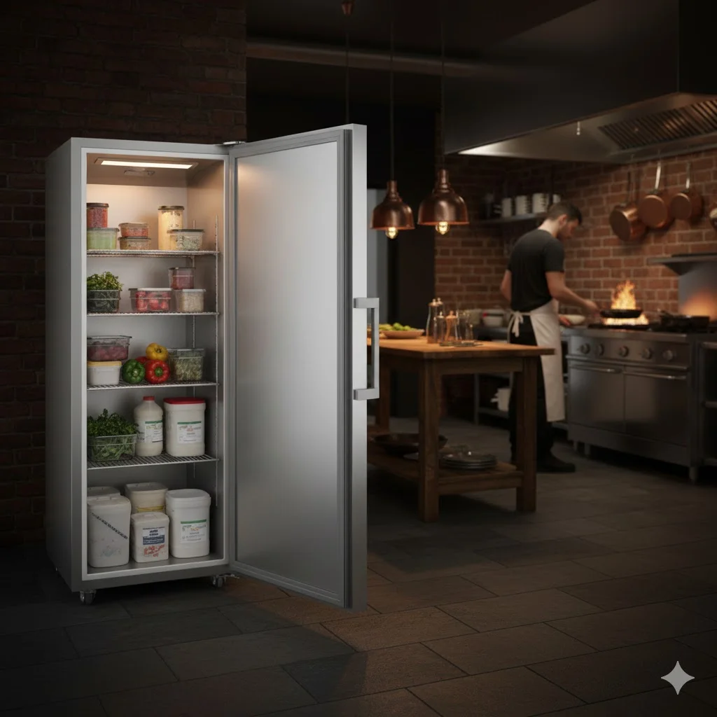 스테인리스 스틸 소재로 제작된 강력한 내구성의 업소용 2도어 유리 냉장고가 배치된 전문 주방 전경