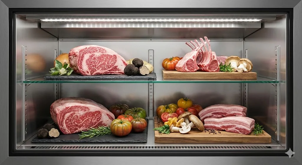 고연색성 LED 조명을 받아 신선해 보이는 냉동고 속 고급 식재료