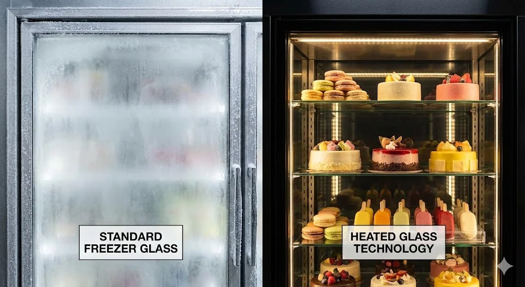 일반 냉동고와 한성 특수 열선 유리의 결로 방지 성능 비교