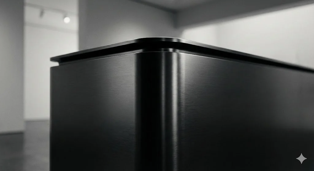 블랙 티타늄 소재 프리미엄 업소용냉동고의 매끄러운 모서리 마감 상세 사진