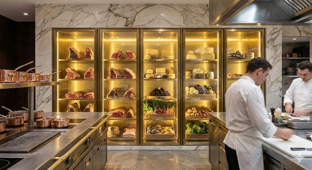 고급 레스토랑 주방에 설치된 대형 유리문 워크인냉장고