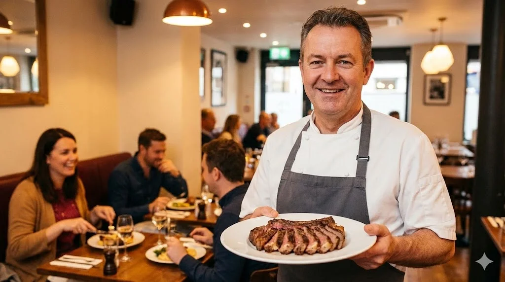 완벽하게 관리된 고기를 손님에게 자신 있게 선보이며 웃음 짓는 사장님