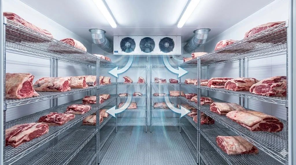 냉기 순환을 위해 적절한 간격을 두고 배치된 고기냉장고 내부 전경