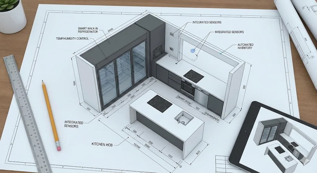 주방 동선에 최적화된 맞춤형 워크인냉장고 배치 설계도
