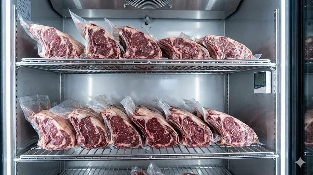 진공 포장되어 정온 상태에서 맛있게 숙성되고 있는 고기들