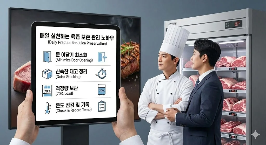 육즙 보존을 위한 정밀 온도 관리와 에너지 효율을 실천하는 주방 운영 장면입니다.