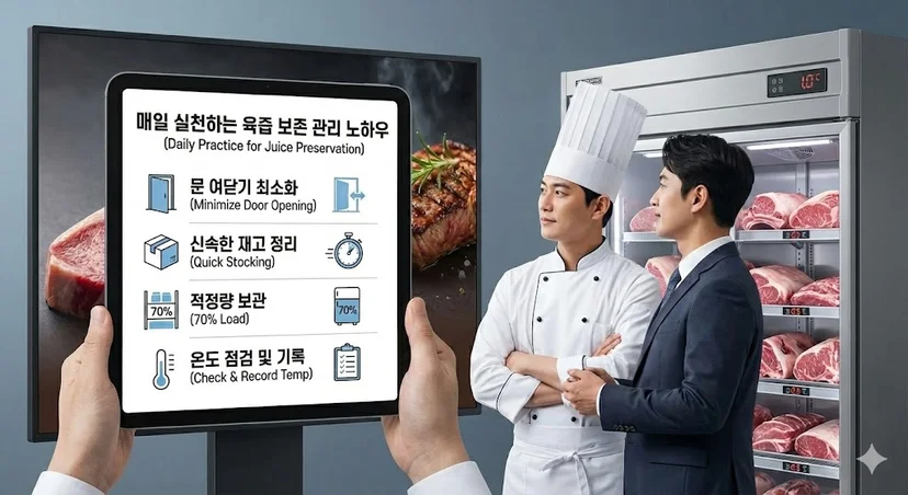 육즙 보존을 위한 정밀 온도 관리와 에너지 효율을 실천하는 주방 운영 장면입니다.