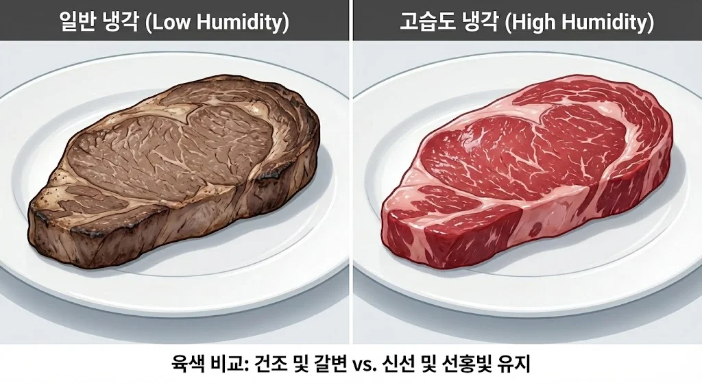 일반 냉각과 고습도 냉각 방식에서 보관된 고기의 육색 비교 이미지