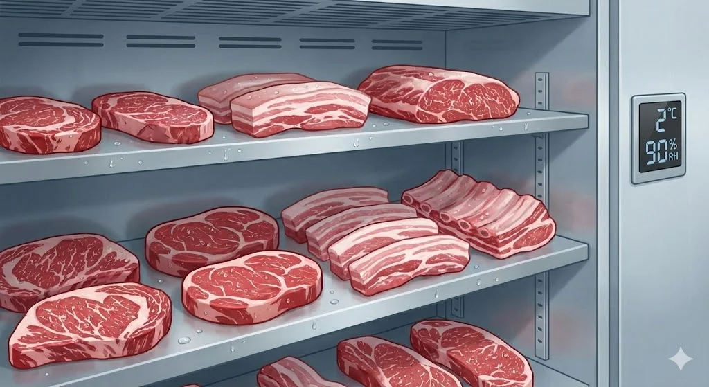 고습도 냉장고 안에서 신선한 선홍빛을 띠고 있는 프리미엄 육류들