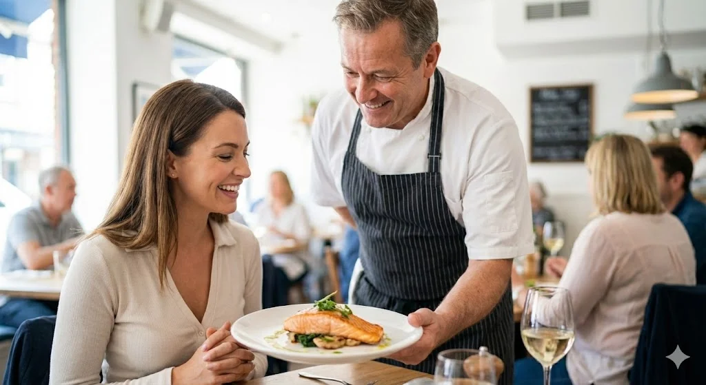 신선한 생선 요리를 손님에게 대접하며 미소 짓는 사장님