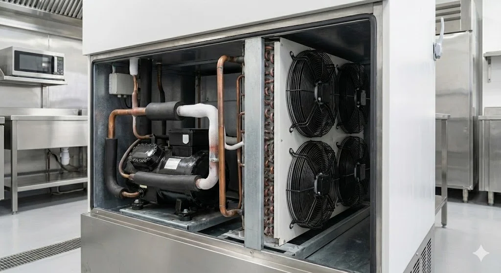 강력한 냉각 성능을 가진 초저온 생선냉동고의 기계실과 팬 구조