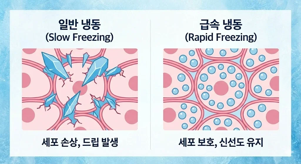일반 냉동과 급속 냉동 시 생선 세포 속 얼음 결정 크기 비교 인포그래픽