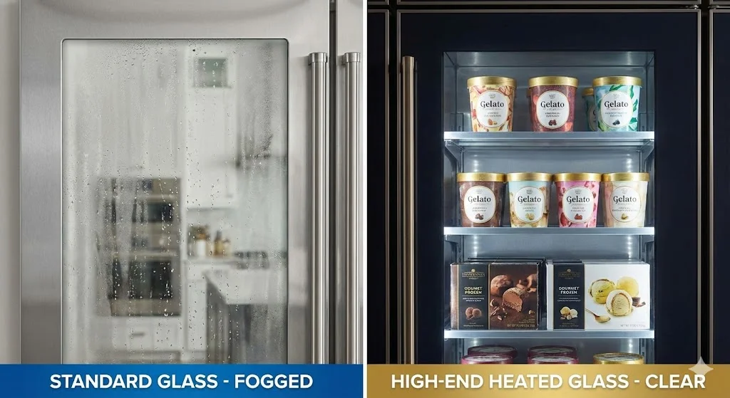 일반 냉장고 유리와 결로 방지 열선 유리의 투명도 비교