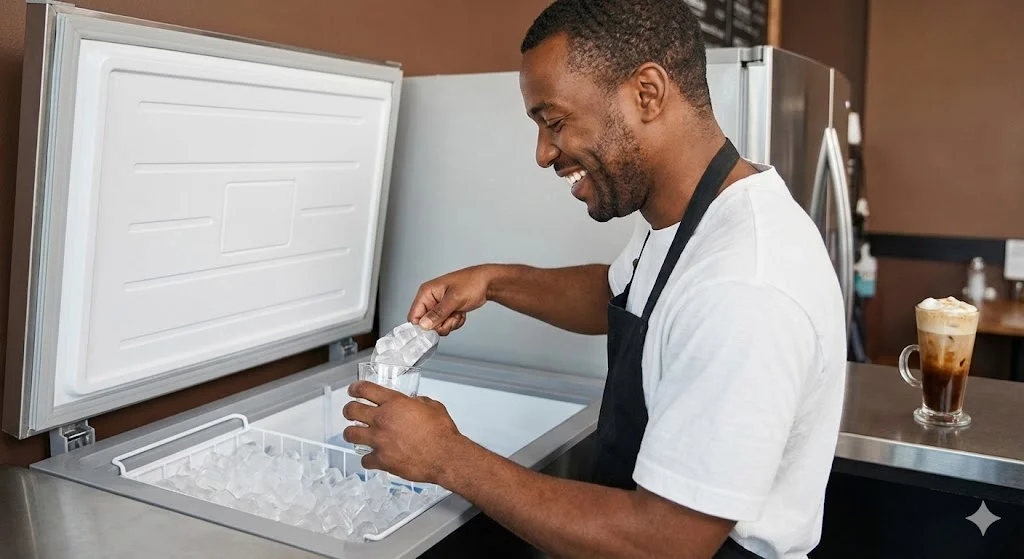 깨끗하게 관리된 냉동고에서 꺼낸 투명한 얼음으로 음료를 만드는 사장님의 미소