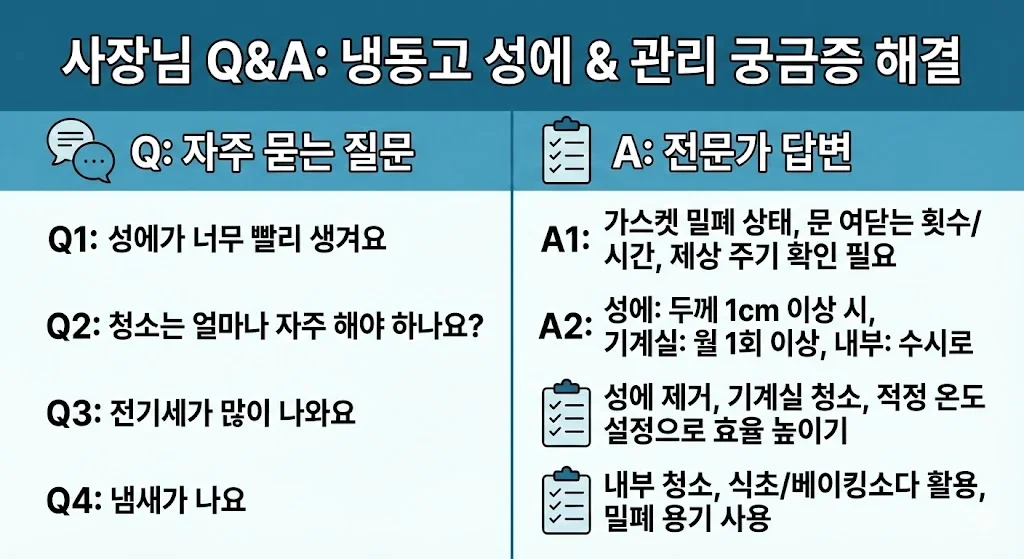 냉동고 관리 및 성에 관련 사장님들의 궁금증을 해결하는 질문 답변 그래픽