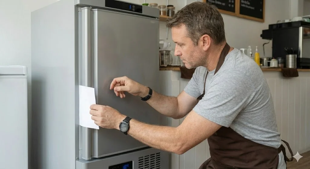 가스켓 밀폐 상태를 확인하기 위해 문 사이에 종이를 끼워 테스트하는 모습