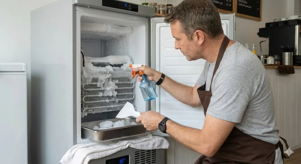 칼 대신 따뜻한 물과 부드러운 도구를 사용하여 안전하게 성에를 제거하는 장면