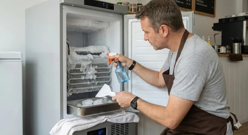 칼 대신 따뜻한 물과 부드러운 도구를 사용하여 안전하게 성에를 제거하는 장면