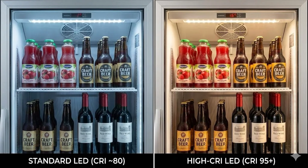 일반 조명과 고연색 조명 하에서의 음료 색감 비교 샷